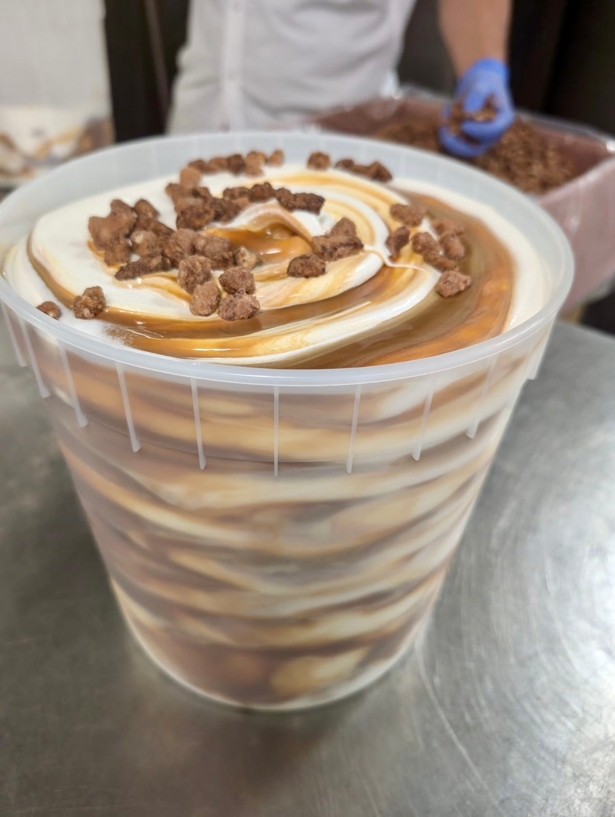 Local Charleston Pecan Praline ice cream from Wholly Cow. Bulk 2.5 gallon container for scooping