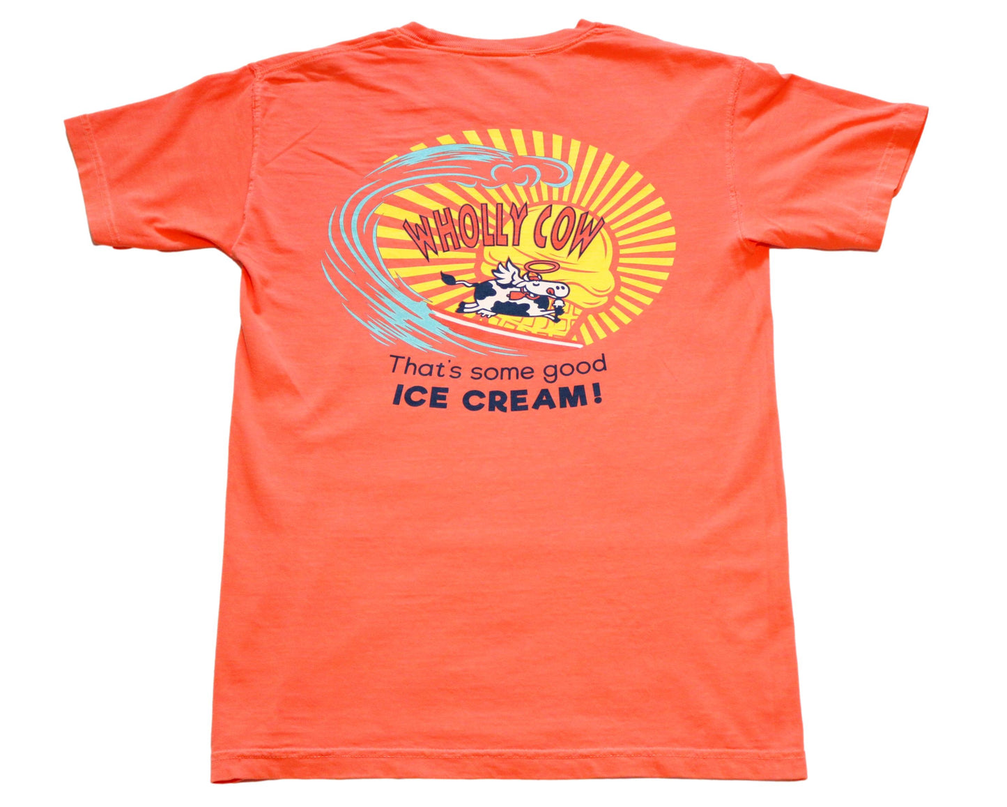 Wholly Cow local ice cream beach surfs Up t-shirt coral color