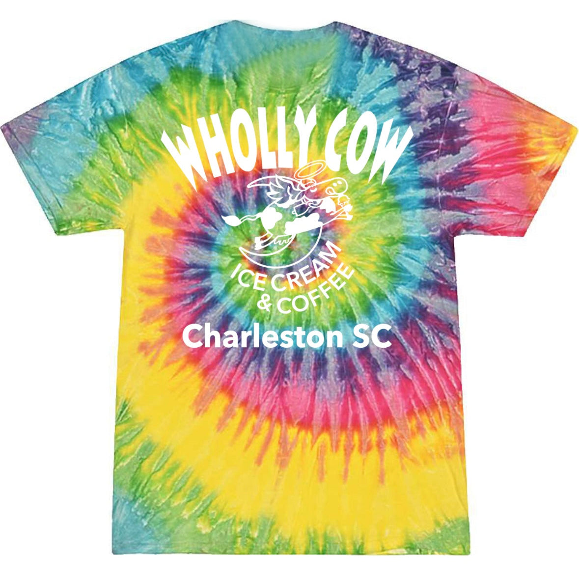 Tie-dye t-shirt with 'WHOLLY COW' logo and text on a white background